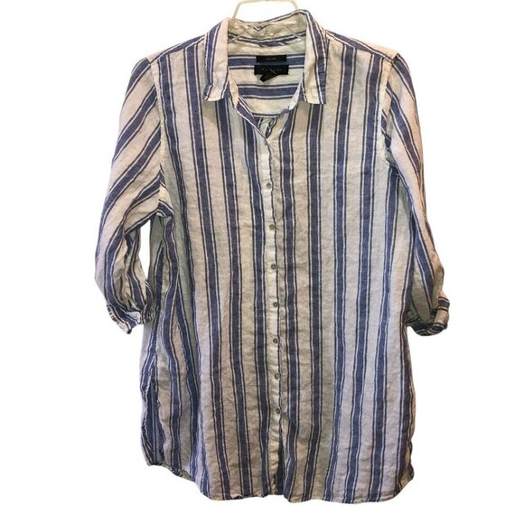 Tahari 1X White Blue Stripe 3/4 Sleeve Linen Button Up Tunic Blouse Top Shirt - Picture 2 of 9
